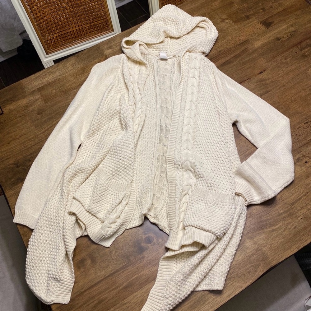 White Crow Cream Knit Hooded Cardigan–Sz M–Chunky Cable Knit Cozy Sweater